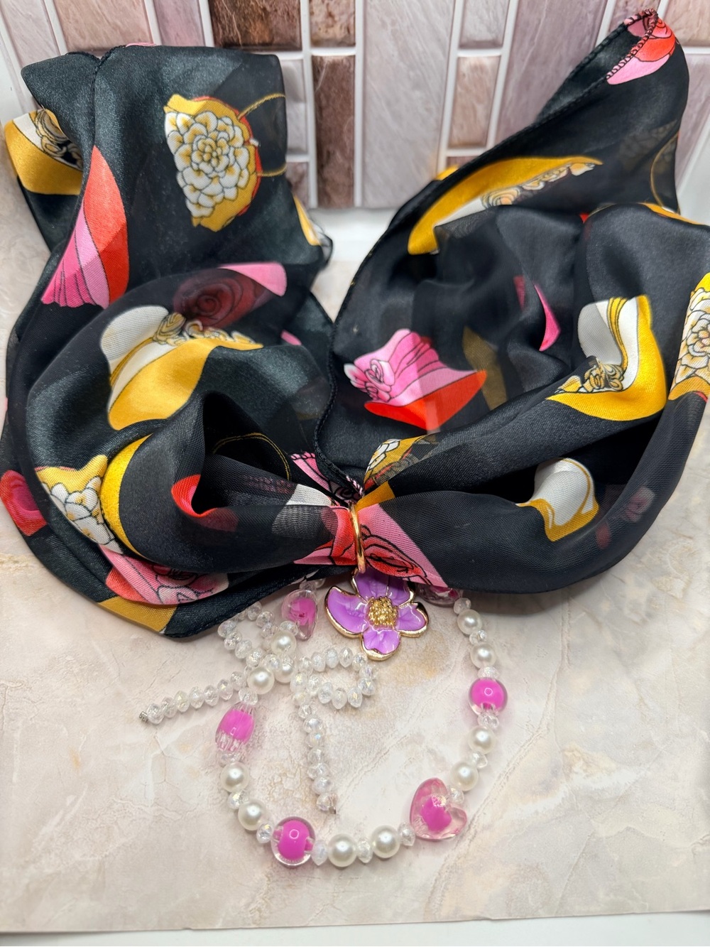 Black Floral-Print Silk Scarf with Pink Flower Pendant
